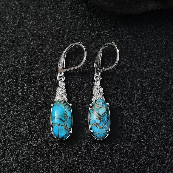 Chestnut Brine Turquoise Lever Back Earrings in Platinum Over Copper with Magnet - Picture 2 of 4